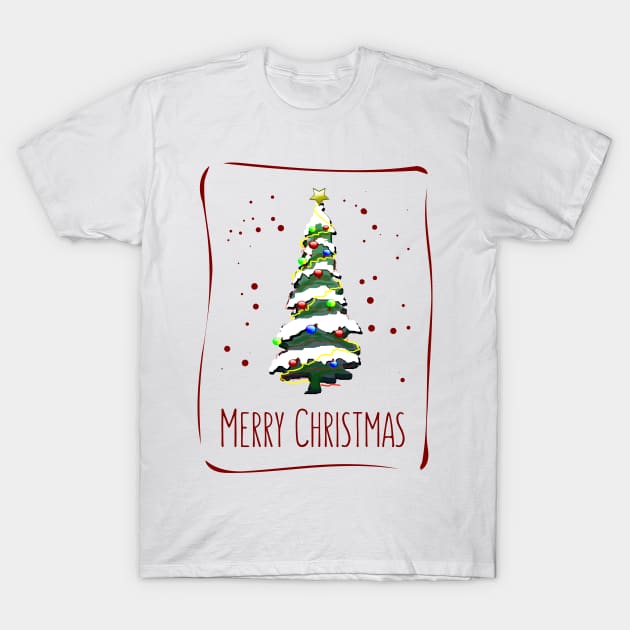 Christmas Tree In The Snow, Greeting Card, Christmas Card, Merry Christmas Lettering, Happy New Year 2023 T-Shirt by Modern Art